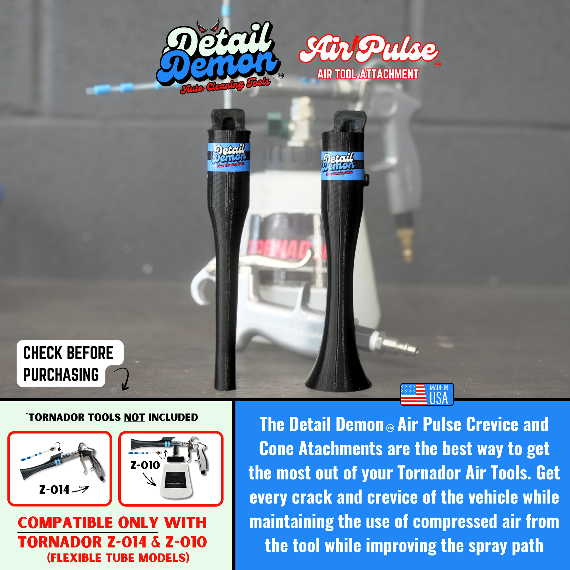 2 Pack - Detail Demon Air Pulse Crevice & Cone Attachments - Compatible with Tornador Z-014 & Z-010 Models