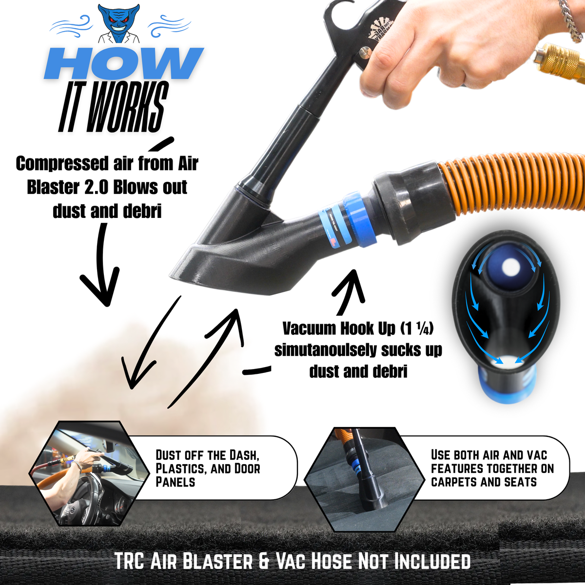 Diagram explaining how an air blaster and vacuum system works, with text and arrows indicating the process.